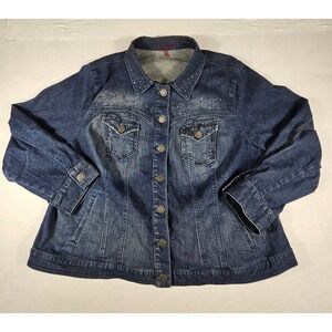 Gitano Womens Plus Size 26W Denim Jacket Dark Wash Rhinestone Embellished Blue
